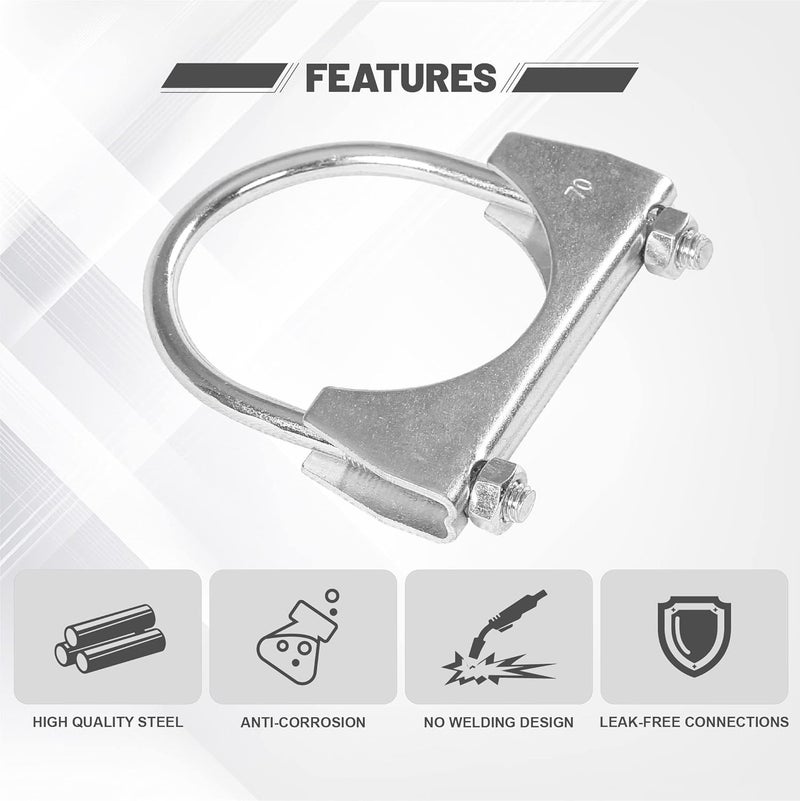 GESEXI 2.75" U-shaped Exhaust Pipe Clamp Mild Steel Muffler Exhaust Clamps with Anti-Rust Coat Pack of 2 - Image 4